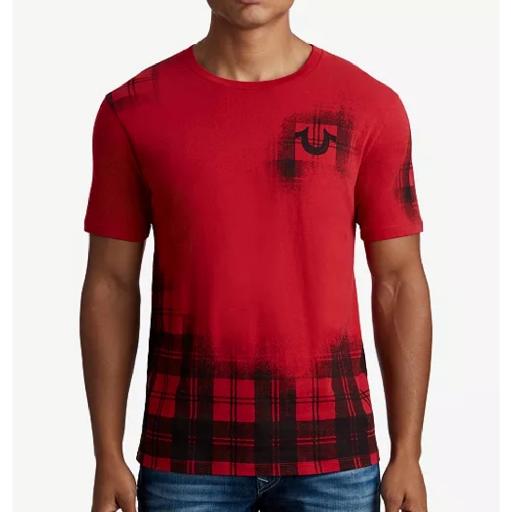 NWT! True Religion Bufflo Plaid Logo Men’s CREW Red T-Shirt, Size M, $69